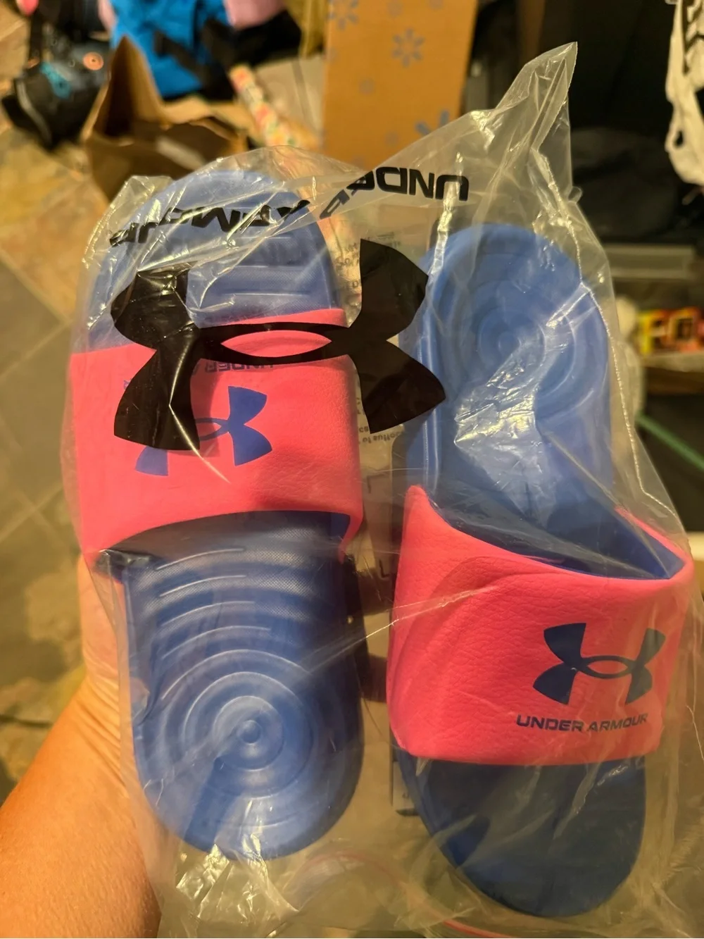 Under Armour Blue Footbed with Pink Strap Slides
